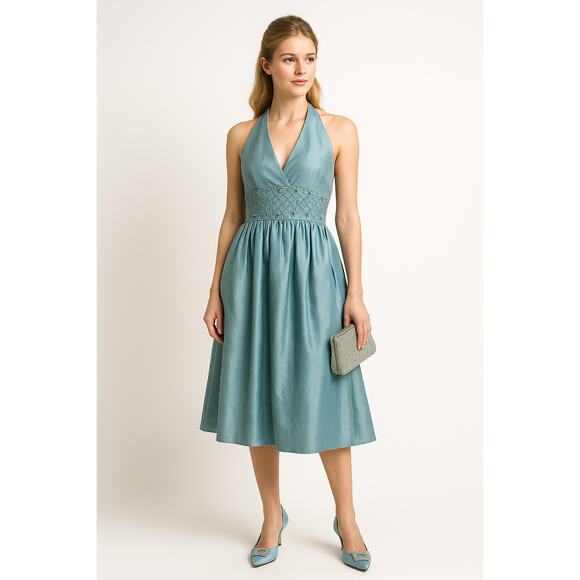 Vintage Anne Klein 100% Silk Seaglass Halter Dress | Beaded Waist | 50s Inspired - Picture 1 of 16